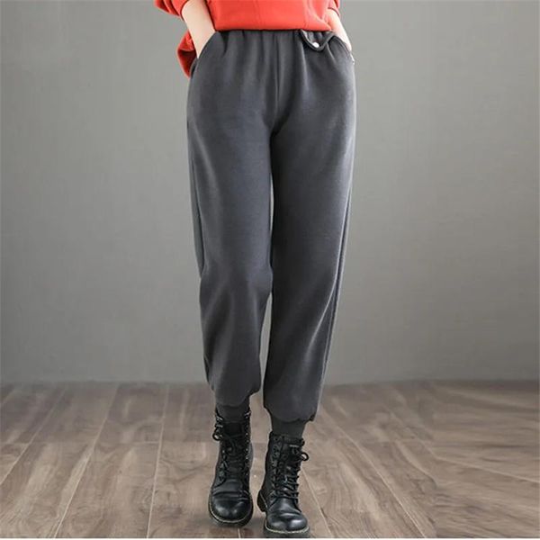

women's pants & capris 2021 winter casual solid high waist thicken warm elastic bottoms trousers straight long harem female, Black;white