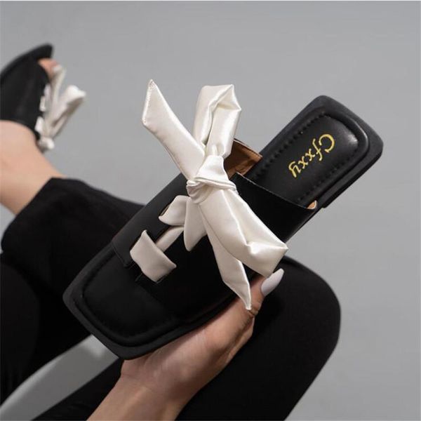 

sandals ladies and slippers square toe silk bowknot flat bottom casual outer wear women's shoes, Black