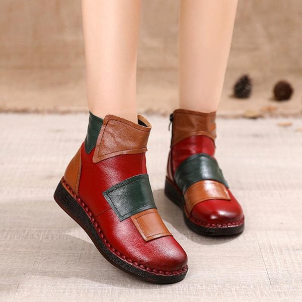 

boots 2021 autumn winter handmade genuine leather ankle for women slip-on mixed color soft comfort warm ladies platform, Black