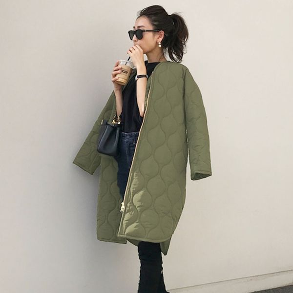 

cotton padded jacket coats women fashion army green black slim zipper zip up long coat autumn fall winter outwear female parka 201014