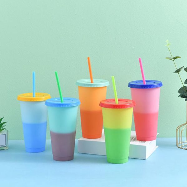 

mugs 710ml straw cup with lid logo color change coffee reusable cups plastic tumbler matte finish 2021