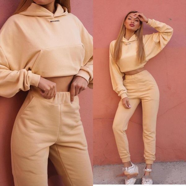 

autumn winter girls two womens tracksuits piece crop hoodies pants sportswear suits thicken warm ladies sets hoodie y2k, Gray