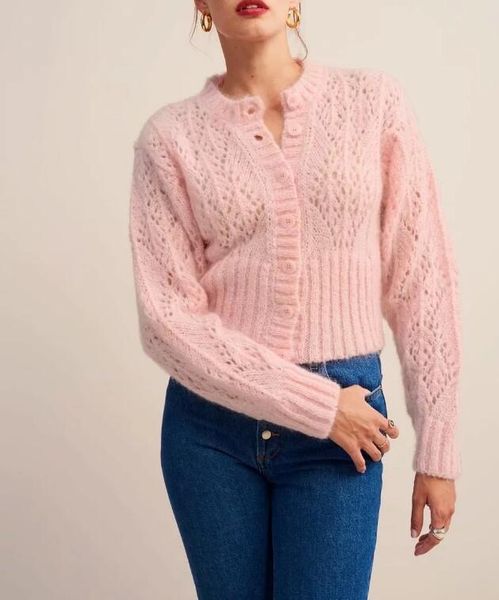 

2019 women knitted hollow out flower hole single-breasted button cardigan mohair sweater retro knitwear long sleeve jumper, White;black