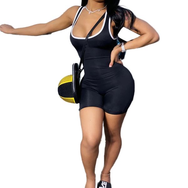 

sports playsuits jumpsuits women sleeveless low cut bodycon backless solid color casual fashion rompers leotard streetwear, Black
