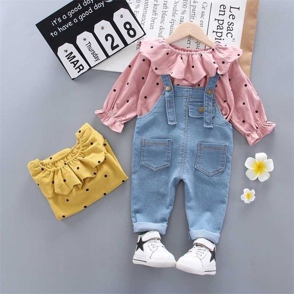 

spring autumn children cotton clothes baby girls suit fot hooded denim bib pants 2pcs/sets out kid fashion clothing sets 220118, White