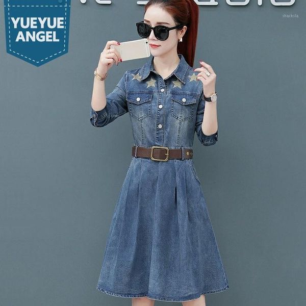 

casual dresses spring women denim shirt dress slim fit knee length a-line fashion embroidery female sashes lapel office, Black;gray