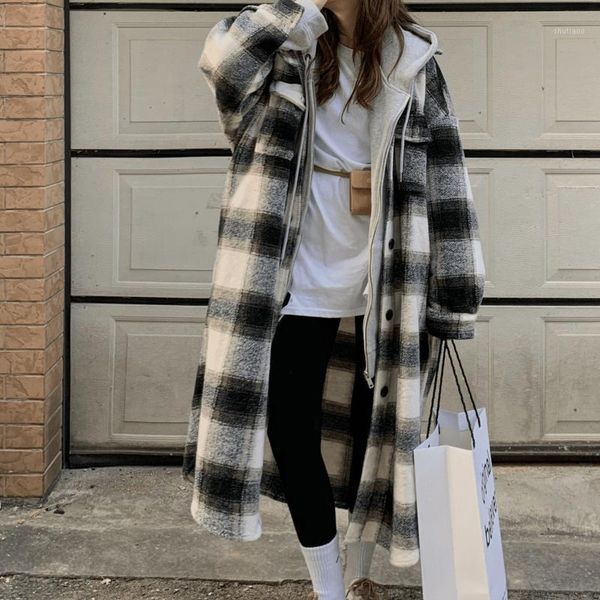 

women's wool & blends women fall winter plaid oversize woolen coat fashion korean streetwear casual long sleeve overcoat femme warm loo, Black