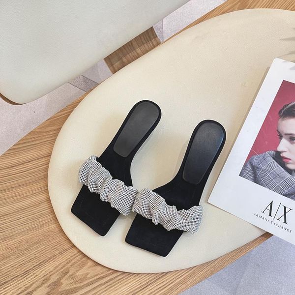 

slippers high heels women crystal retro shoes genuine silk elegant slides, Black