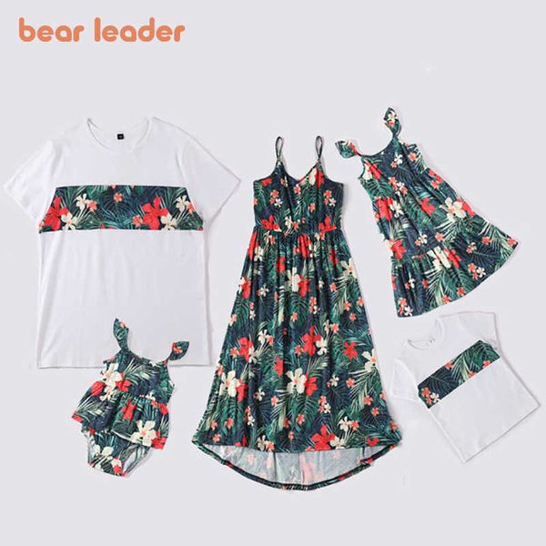 Urso líder verão mãe e eu vestidos florais moda família casual roupas papai casual t-shirts flores doces roupas 210708