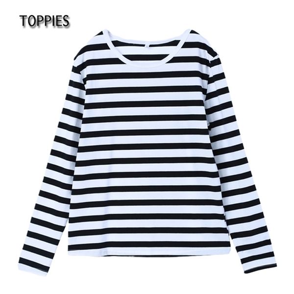 Toppies listrado t-shirts casual oversized em torno do pescoço vintage básico topos camisetas mulheres manga longa branco preto t-shirts 220207