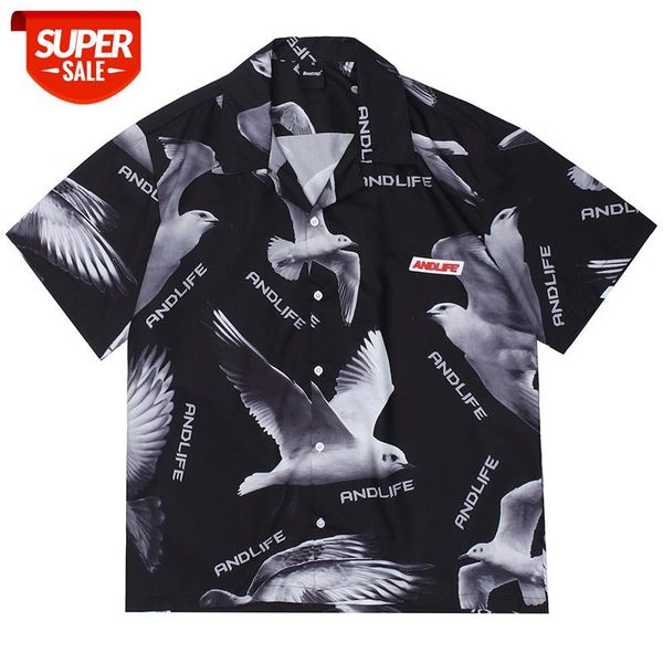 

high street full pigeon print summer hawaiian shirt men and women lapel short sleeve oversize shirts hip hop loose casual #bq2h, White;black