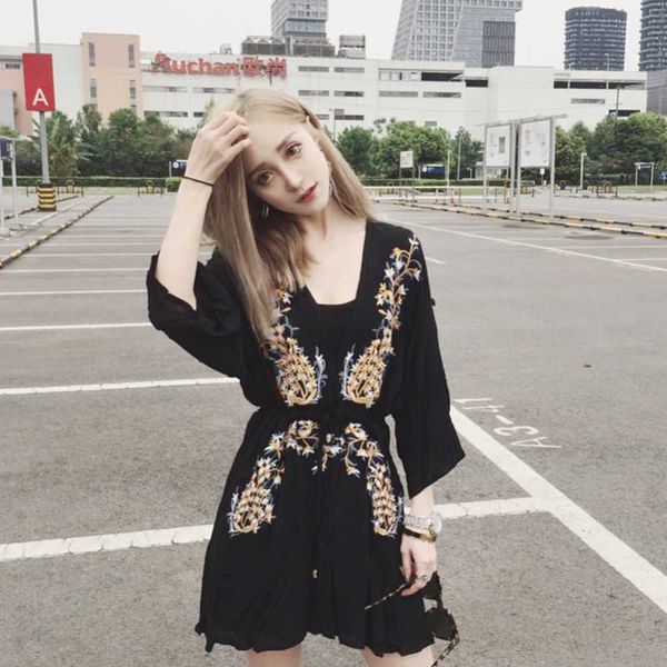

summer elegant fashion embroiderydress deep v-neck half sleeve short sleeved button vintage bohemia female vestidos 210601, Black;gray