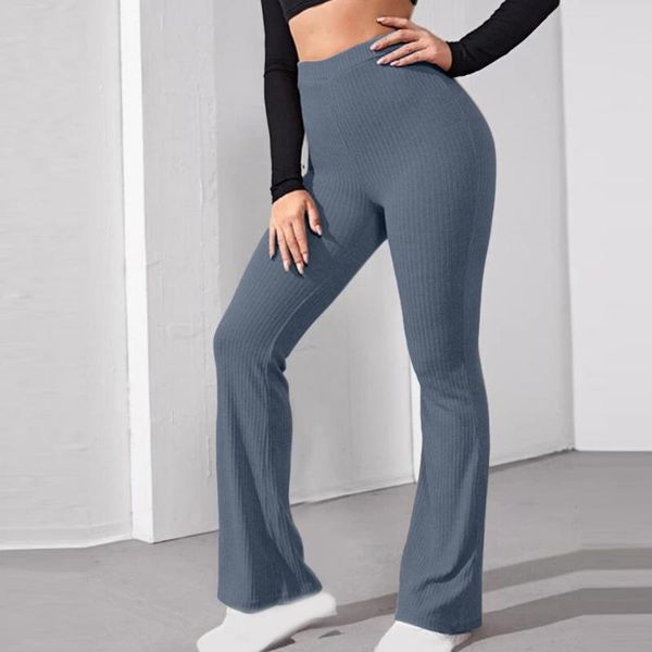 

women's pants & capris women solid color knitted summer high waist full length flared trousers for sports, Black;white