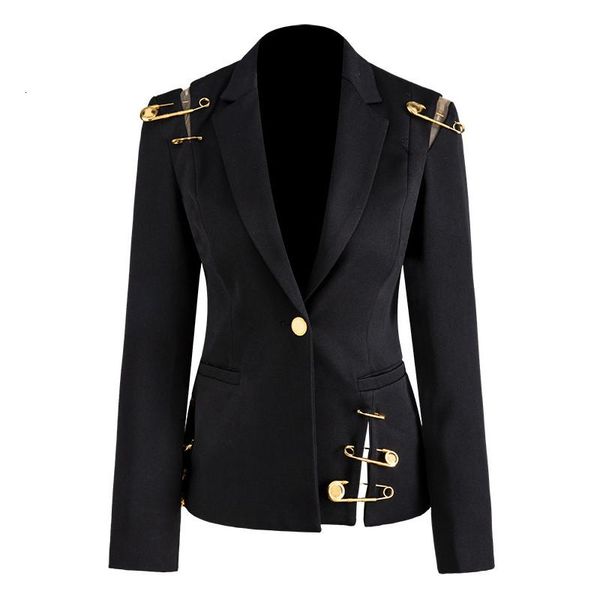 

women's jackets elegant black notched long sleeve slim outfit 2021 spring autumn fashion hollow out metal pin suit female, Black;brown