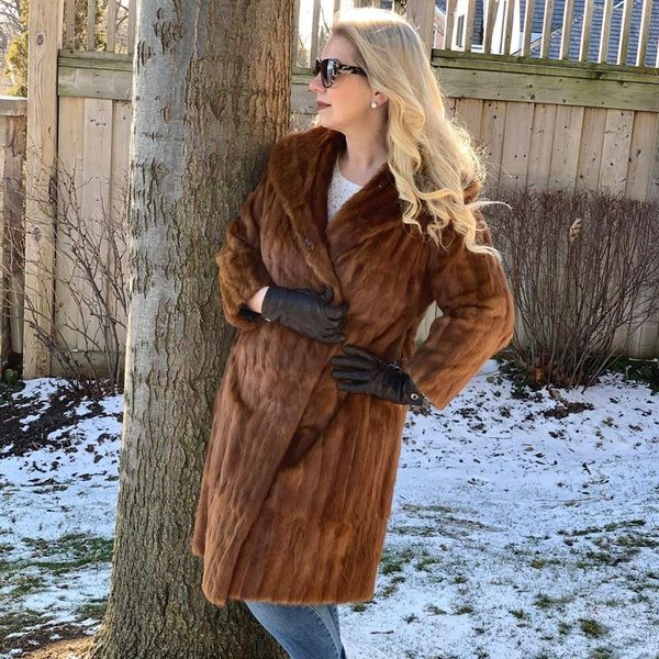 

women's fur & faux bffur women natural coats winter full pelt genuine mink coat long trendy coffee color real overcoats, Black