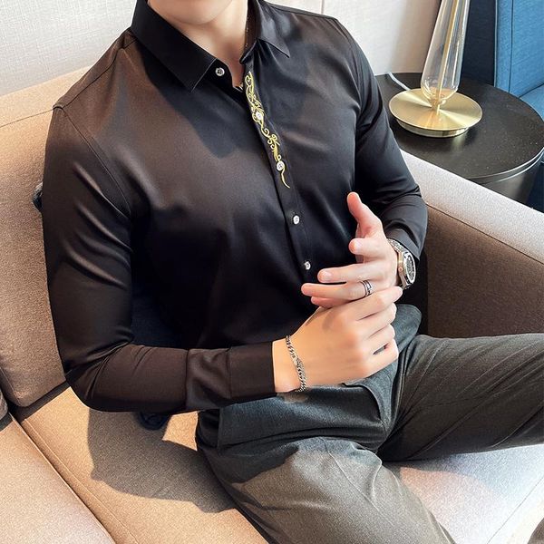 

men's casual shirts gzdeerax male luxury long sleeve front embroidery fashion slim fit business man plus size 4xl, White;black