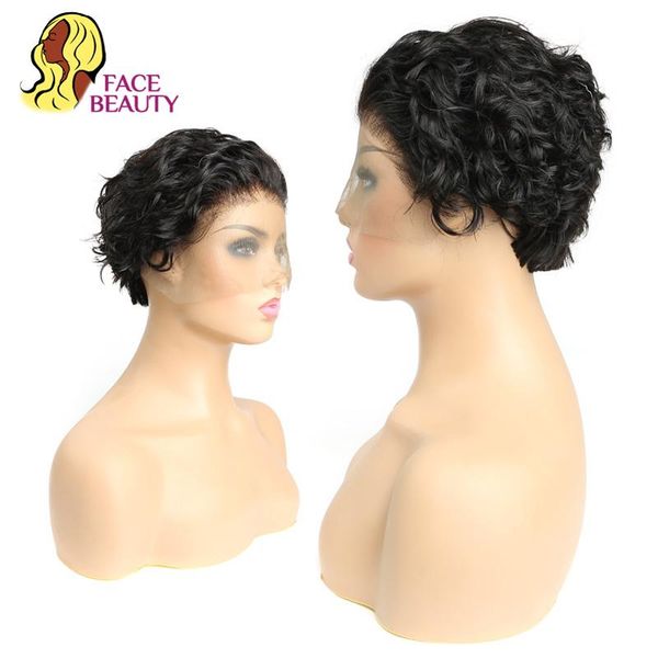 

lace wigs bob front short curly brazilian human hair wig natural pixie cut 13x1 side part for black women pre plucked, Black;brown