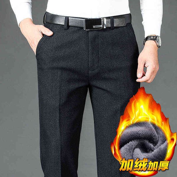 

jeans dad plush pants straight tube high waist black middle-aged casual trousers men's winter warm and lint free, Blue