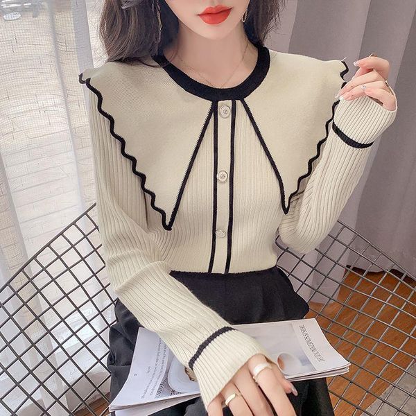 

women's sweaters casual pullover women 2021 autumn and winter knit shirt sweater doll collar design thin long sleeve clothing, White;black
