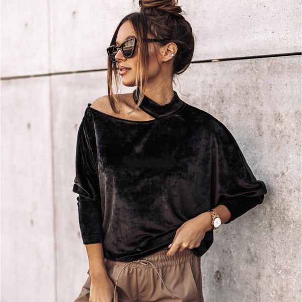 

2021 new women hollow out halter neck blouse office lady solid long sleeve veet elegant early spring fashion 6gt5, White