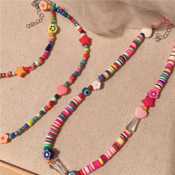 

chokers boho handmade multicolor soft ceramic beaded necklace for women sweet girls bohemian flower fruit beads fashion jewelry, Golden;silver