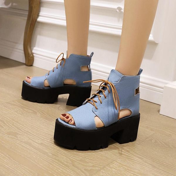 

sandals for women 2021 summer denim boots with thick bottom lace up platform heels comfortable casual shoes ladies peep toe6610, Black