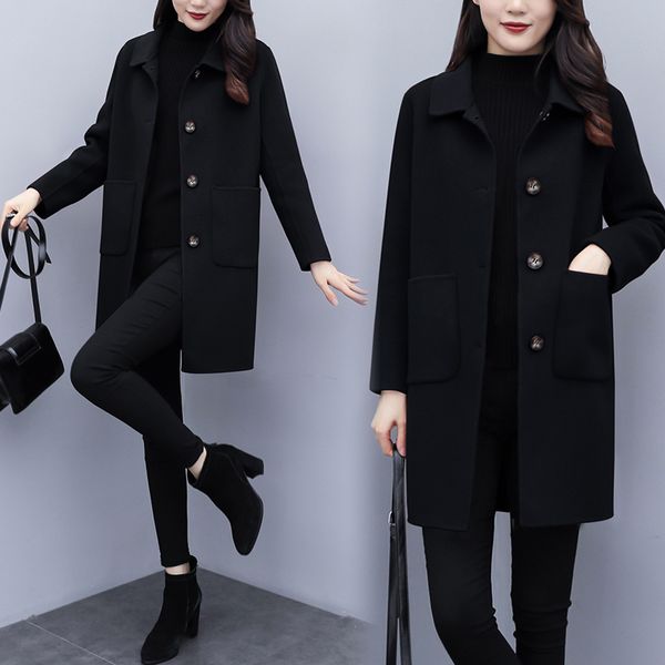 

hodisytian winter women wool blends solid trench coat female elegant ocio outerwear leisure thick cardigan cashmere overcoat 210218, Black