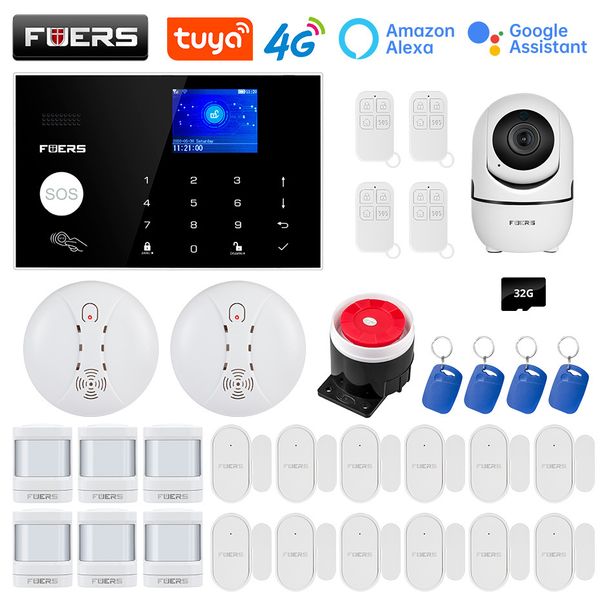 Sistema di sicurezza FUERS WIFI 4G GMS Tuya Smart Home Kit di allarme wireless Controllo telecamera Sirena Rilevatore di movimento Fumo PIR