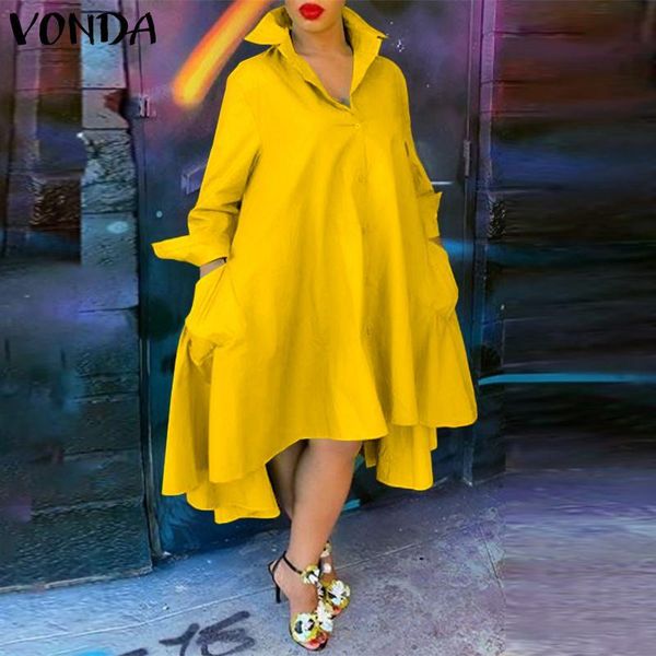 

casual dresses loose dress lapel neck women bohemian sundress vonda 2021 plus size vestidos elegant robe femme, Black;gray