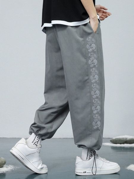 

men paisley print drawstring hem pants 66rf#, Black