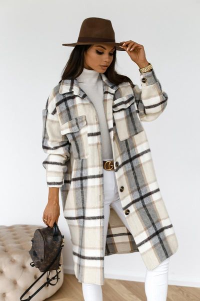 

women's wool & blends 2022 winter checked women jacket down overcoat warm plaid long coat oversize thick woolen retro female casual str, Black