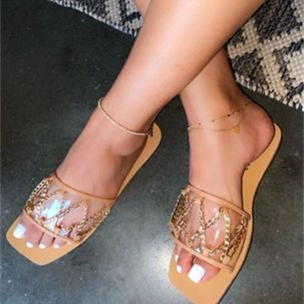

70% off wholesale sandals flip-flops summer flat metal chain transparent cross simple slippers female square head, Black