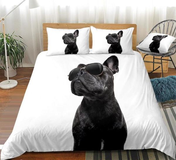 

3d black dog duvet cover set bulldog with sunglass home textil white quilt cover animal teens pet  3 piec dropship