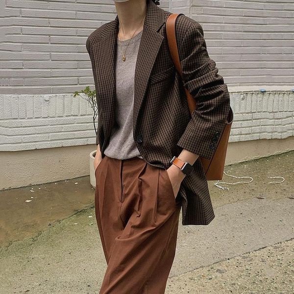 

women's suits & blazers loose long sleeve plaid suit coat woman notched collar autumn 2021 retro casual elegant blazer women office lad, White;black