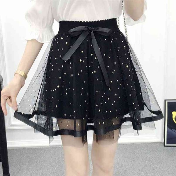 

summer korean starry sky mesh skirt elastic high waist slimming simple versatile women a-line mini 210527, Black
