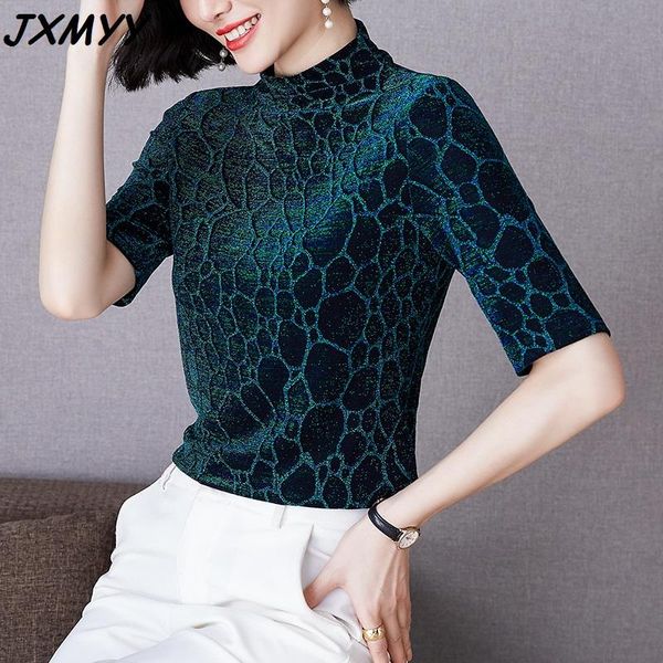 

women's t-shirt bronzing bright silk leopard print bottoming shirt five-point sleeves 2021 spring foreign style slim small, White