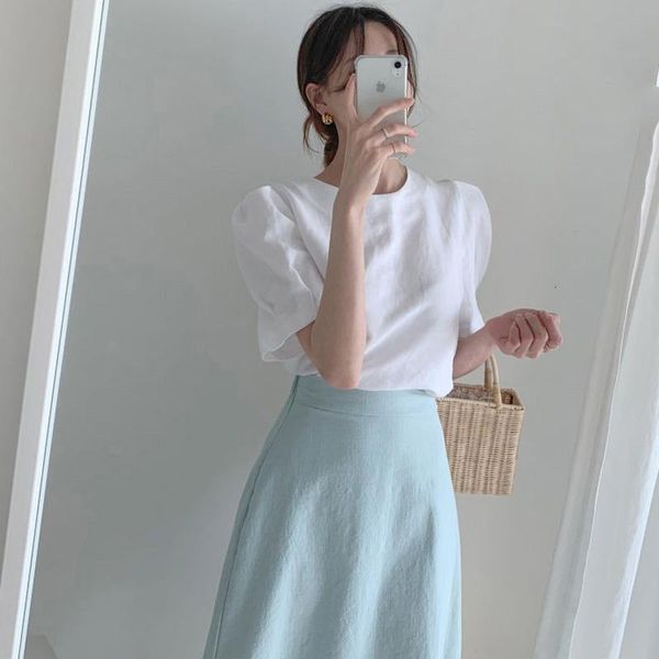 

french suit] chic retro-white puff sleeve + pure color simple skirt short new summer two-piece suit s1uw, Black;gray