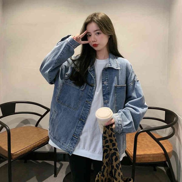 

women's jackets boyfriend solid turn-down collar jean jacket for women casual loose single breasted blue coats female outwear gt7d, Black;brown