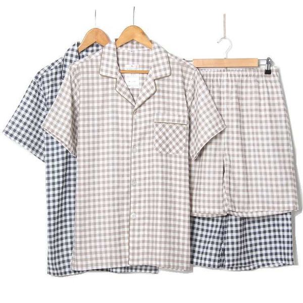 

summer cotton double gauze pajamas men's short-sleeved shorts suit men's pajamas lattice large size home service pajamas suit 2109, Black;brown
