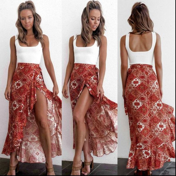 

2021 fashion hippie women red floral print beach bohemian skirt high elastic waist boho maxi skirts casual woman skirt femme, Black