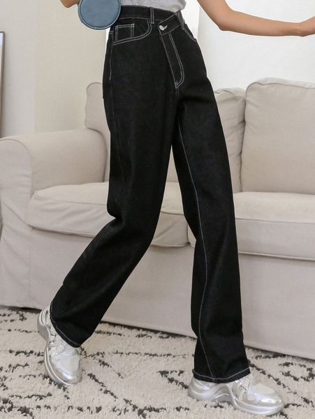 

dazy asymmetrical waist straight leg jeans a98a#, Blue