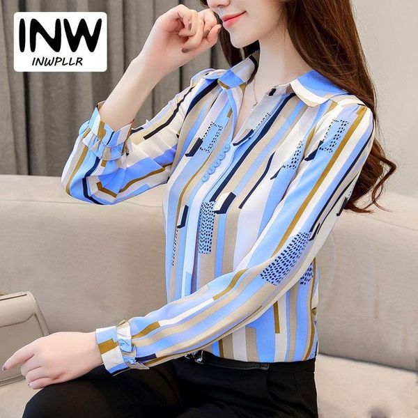 

women's blouses & shirts 2021 autumn plus size stripe chiffon blouse colorful print shirt ladies long sleeve office blusas mujer casua, White