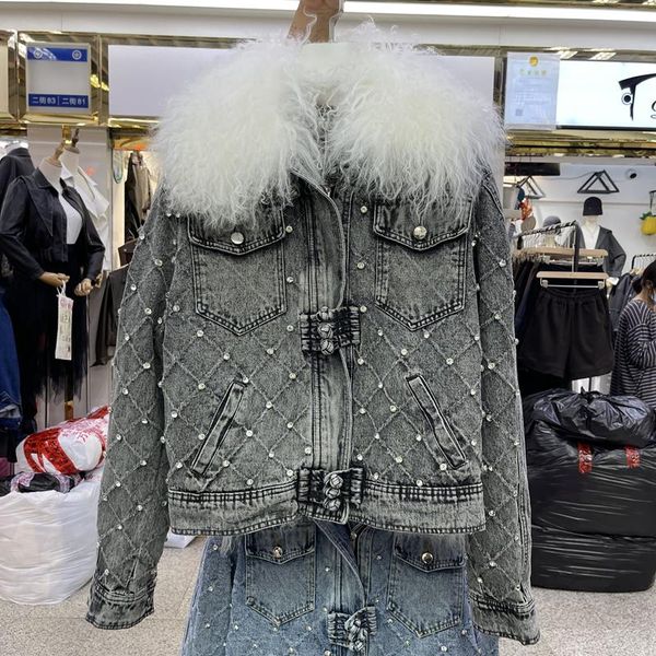 

women's jackets heavy work diamond blue jeans parkas winter removable mongolia sheep fur collar cotton liner long sleeve casual short d, Black;brown