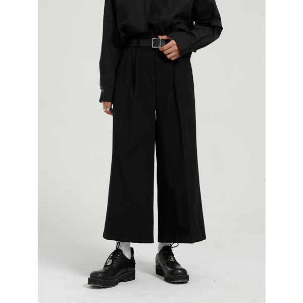 

new male japan korea streetwear vintage loose pants solid color trousers men casual ankle-lenght wide leg suit pant, Black