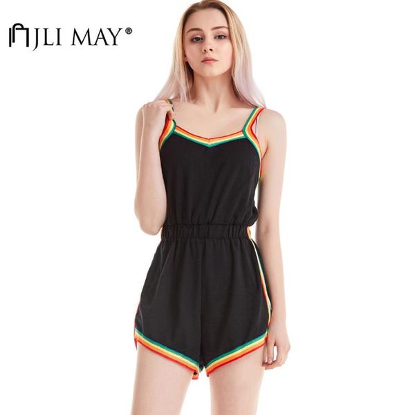

women's jumpsuits & rompers jli may casual v neck playsuits sleeveless patchwork striped womens skinny summer slim playsuit, Black;white