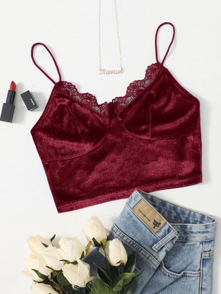 

lace trim velvet crop cami 12cx#, White