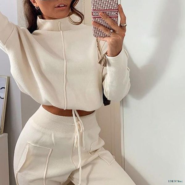 

women's two piece pants turtleneck cropped pullovers tracksuit suit trousers set 2021 autumn lace up pocket sweatpants sets ladies casu, White