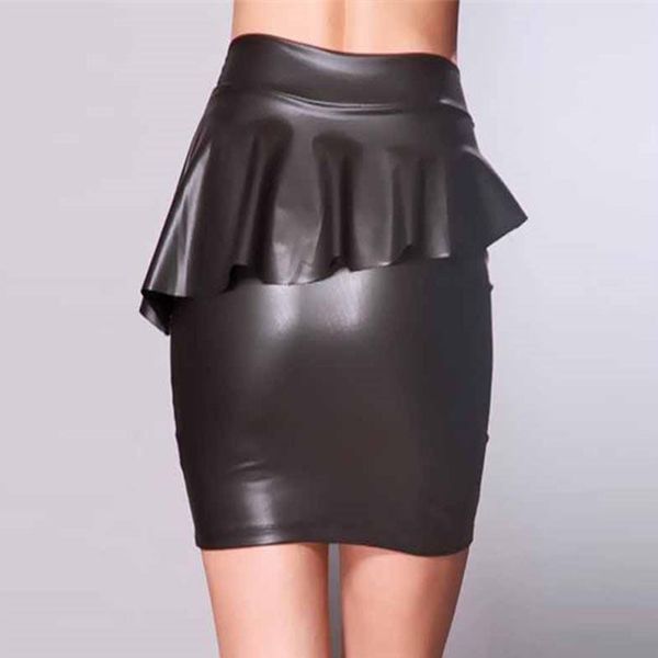 

skirts ruffles mini skirt slim high waist pencil package hip women club wear faux leather office tight, Black