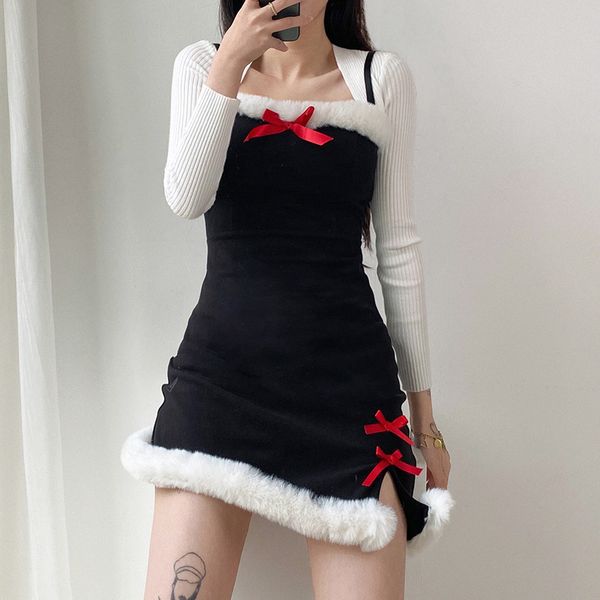 

women splice plush spaghetti straps mini dress female slim bow backless split dress winter christmas party dress, Black;gray