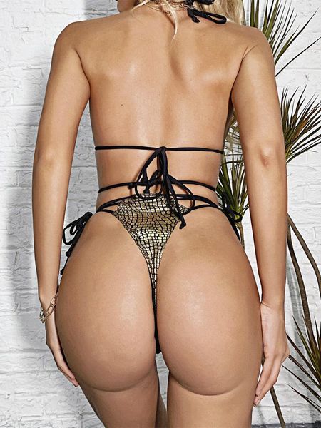 

one-piece suits 2021 shiny snake skin halter bikini female swimsuit women swimwear two-pieces set thong bather bathing suit swim